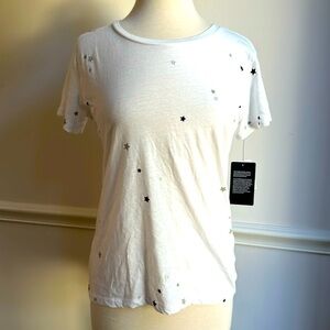 Chaser White Tee Shirt Metallic Silver Blue Stars Crewneck Size Small NWT